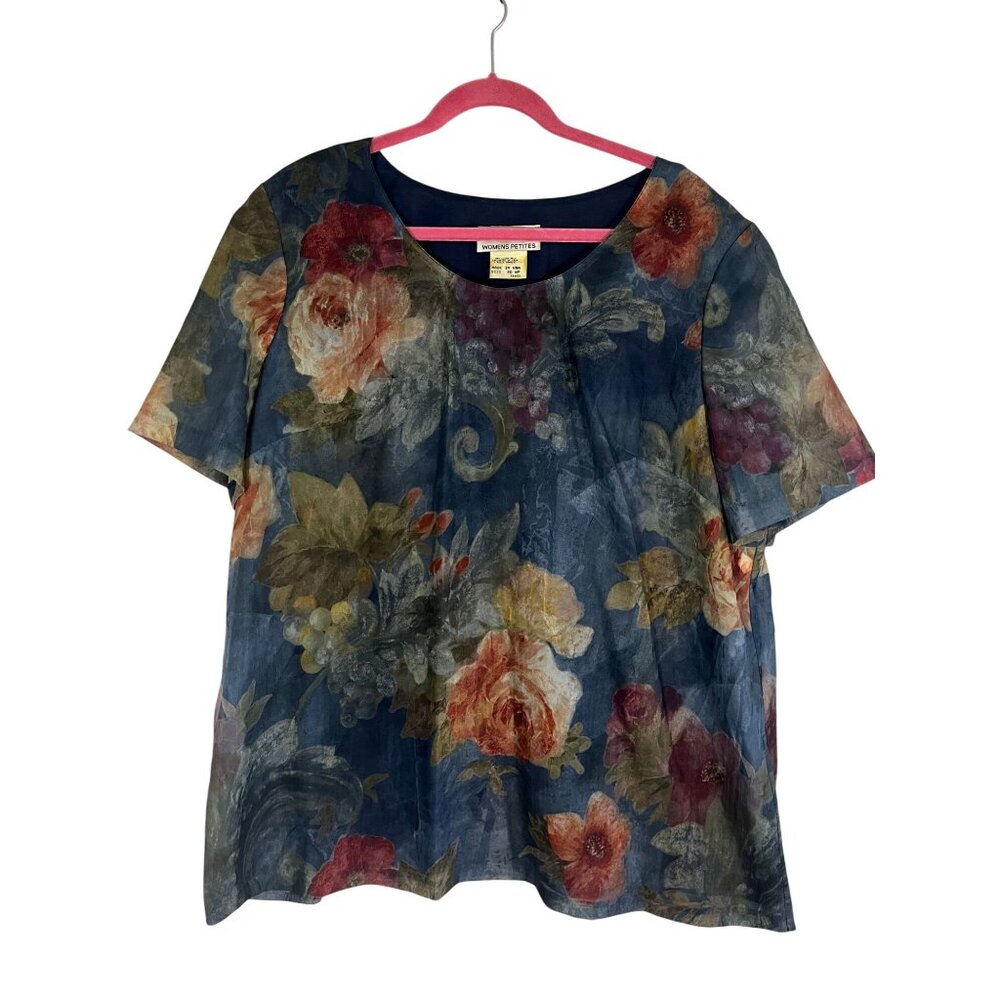 Vintage Floral Top Blue 20P Boho Secretary Retro Feminine Cottage Preppy Chic